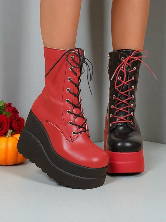 Bold Women's and Black - Platform Boots Lace-Up Ankle Red