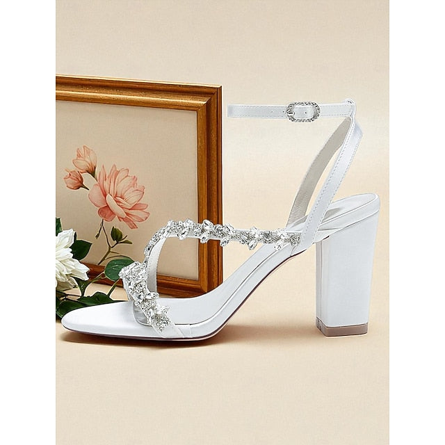 - Rhinestone Heel Block Sandals Women's Straps White with