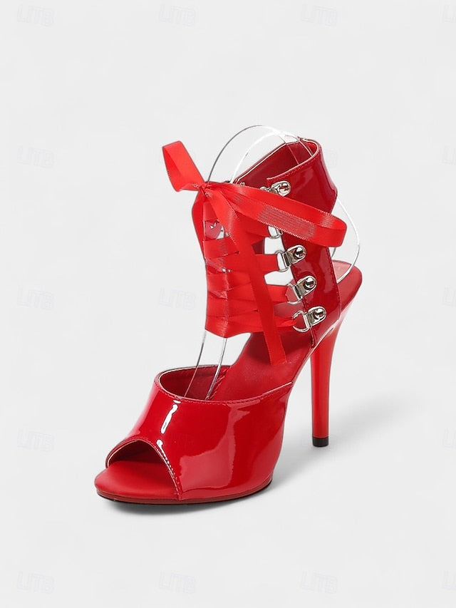 Black Patent Lace-Up Cutout Women's Sandals Sexy Stiletto -