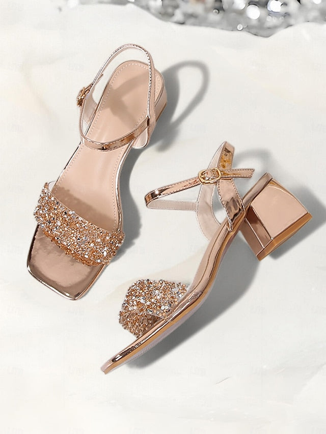 Block Wedding Sandals Women Rhinestone for Gold Heel Elegant –