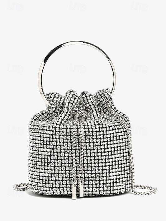 Women's Sparkling Silver with Metal Bucket Bag Rhinestone