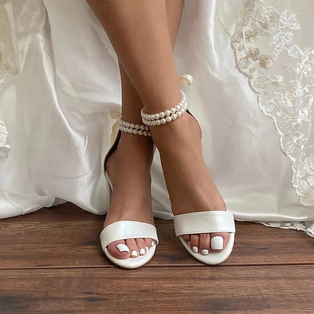 Heels Wedding Pearl Anklet Satin and Block Sandals - White with