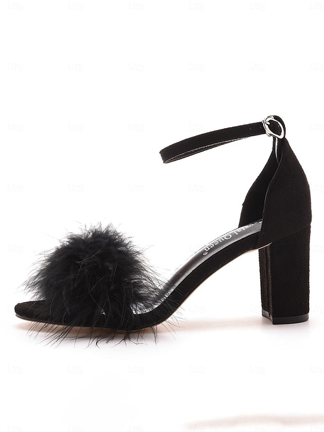 Feather-Embellished – Wedding Heel Block Sandals Women for