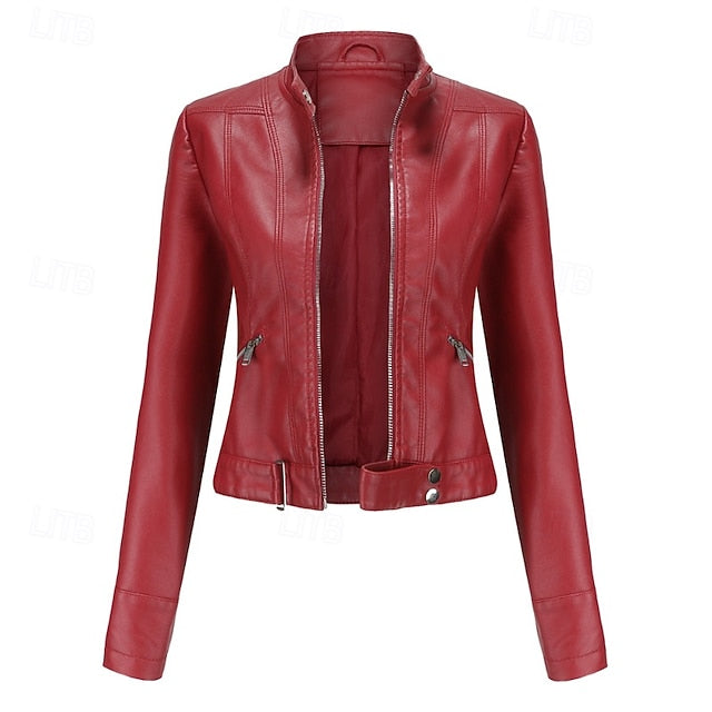 Faux Comfortable Pocket Women's Leather Jacket Zipper