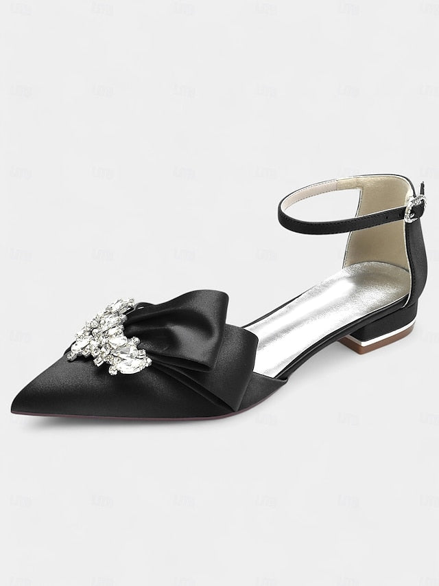 Bow with Pointed-Toe Rhinestone Ankle White Heels Satin and