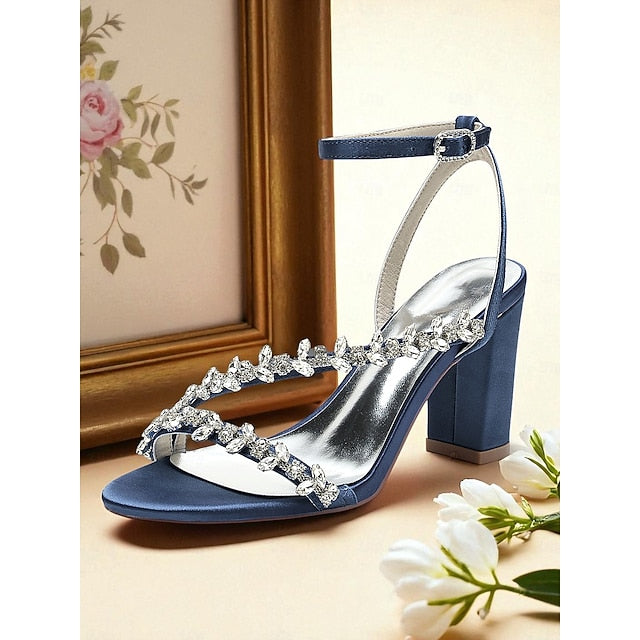 - Rhinestone Heel Block Sandals Women's Straps White with