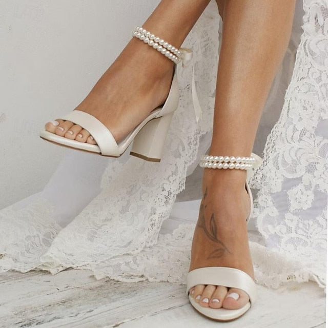 Heels Wedding Pearl Anklet Satin and Block Sandals - White with