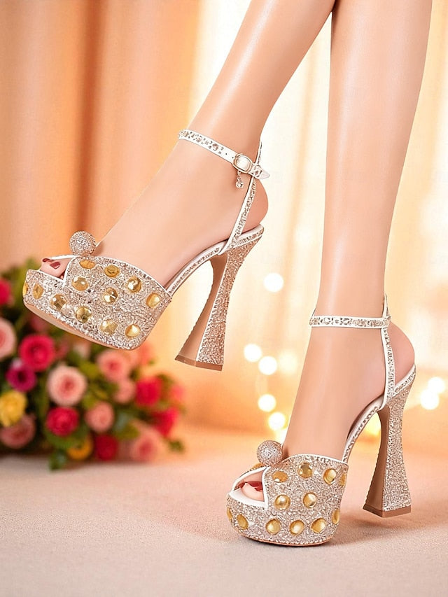 Heel Women's High with Rhinestone Platform Matching Sandals