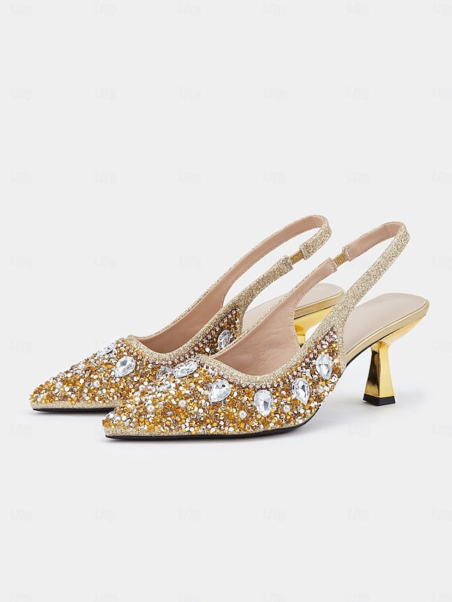 with Slingback Gold Rhinestone Heels Women's Pearl