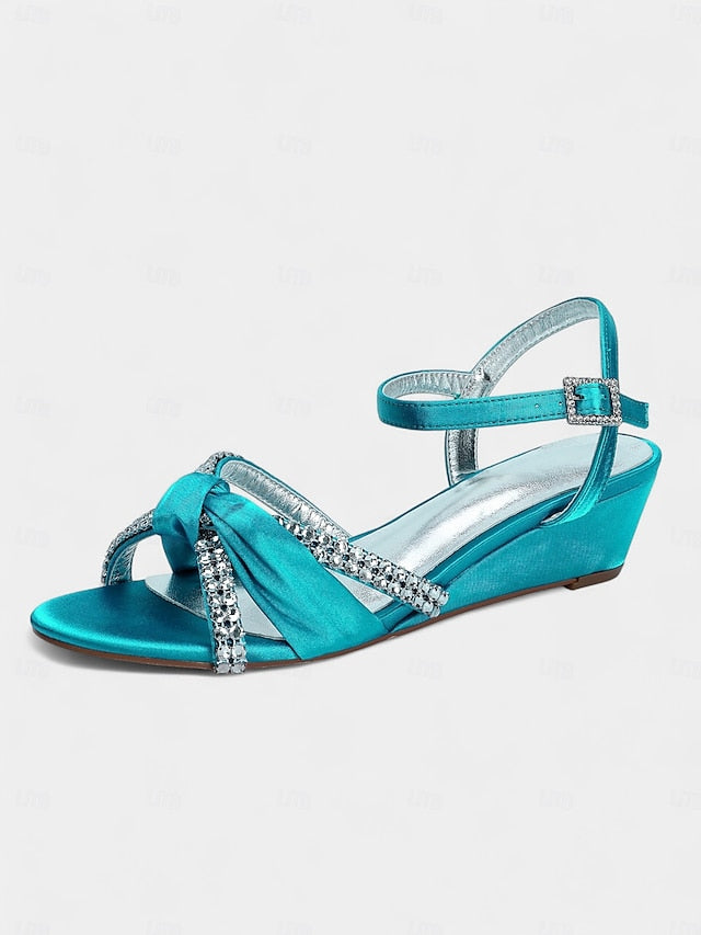 Sandals - Satin Wedge Rhinestone Dress Knot Green Women's
