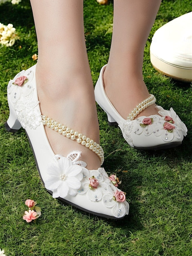 Low Pearl Floral Shoes Bridal White for Embellished Heel Strap