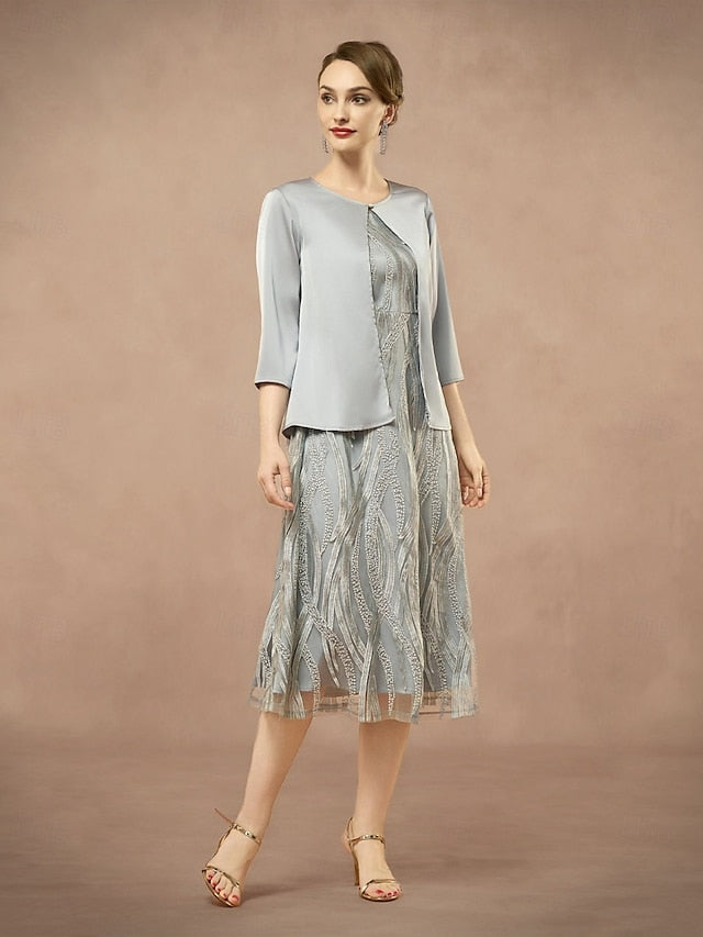 Elegant Pieces the of Mother Two A-Line Dress Neck Bride Jewel