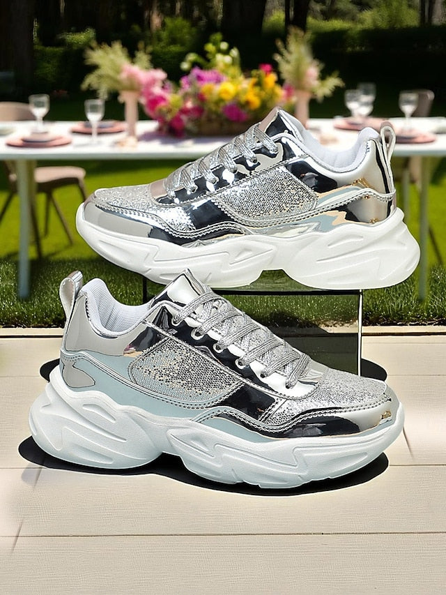 with Glitter Sneakers Platform Metallic Chunky Women's