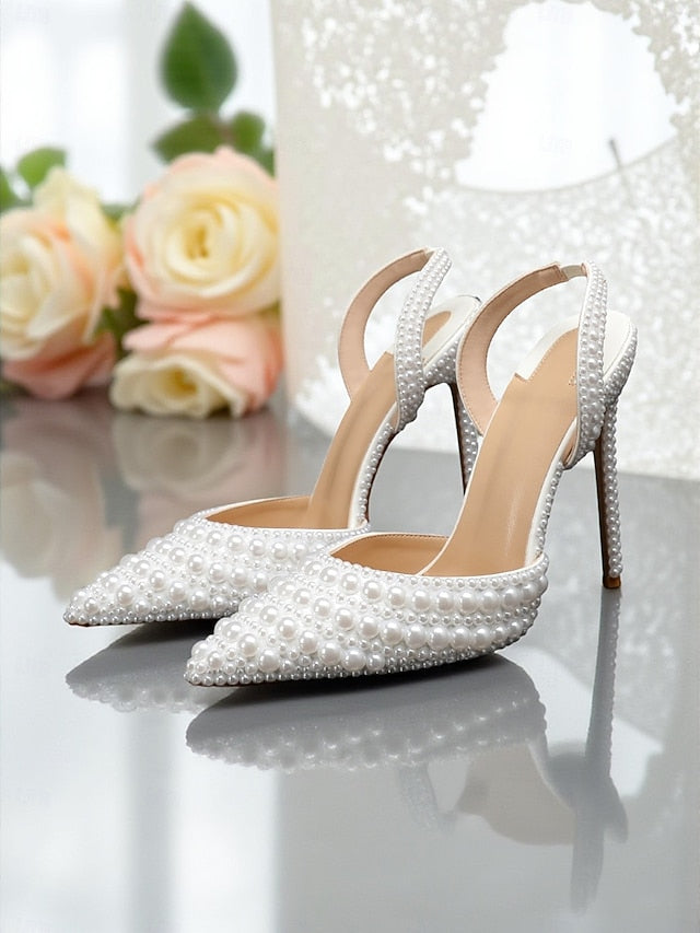 Pearl-Embellished Women's Leather Heels White - Slingback
