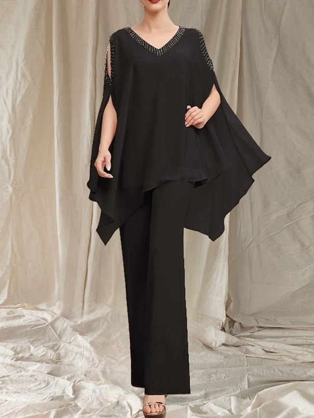 Elegant Dress the Pantsuit V Mother of Guest Bride Wedding Neck