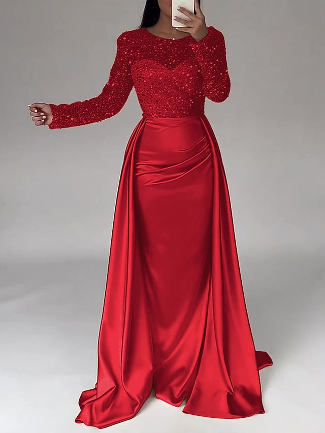 Evening Long Dress Gown Mermaid RuchedSatin Sleeves Sequin
