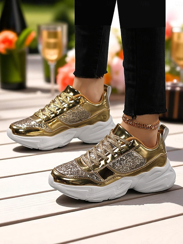 with Glitter Sneakers Platform Metallic Chunky Women's