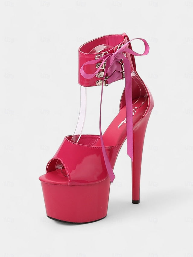 Straps Black Leather Ankle Lace-Up with Patent Sandals Platform