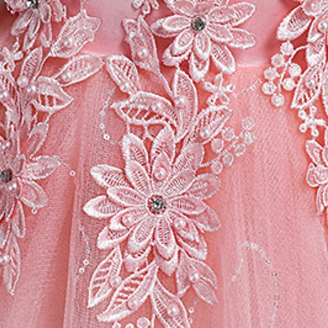 A Girls' Floral Solid Line Colored Kids Dress
