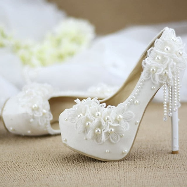 White Floral Platform Heels Wedding Lace with Women's