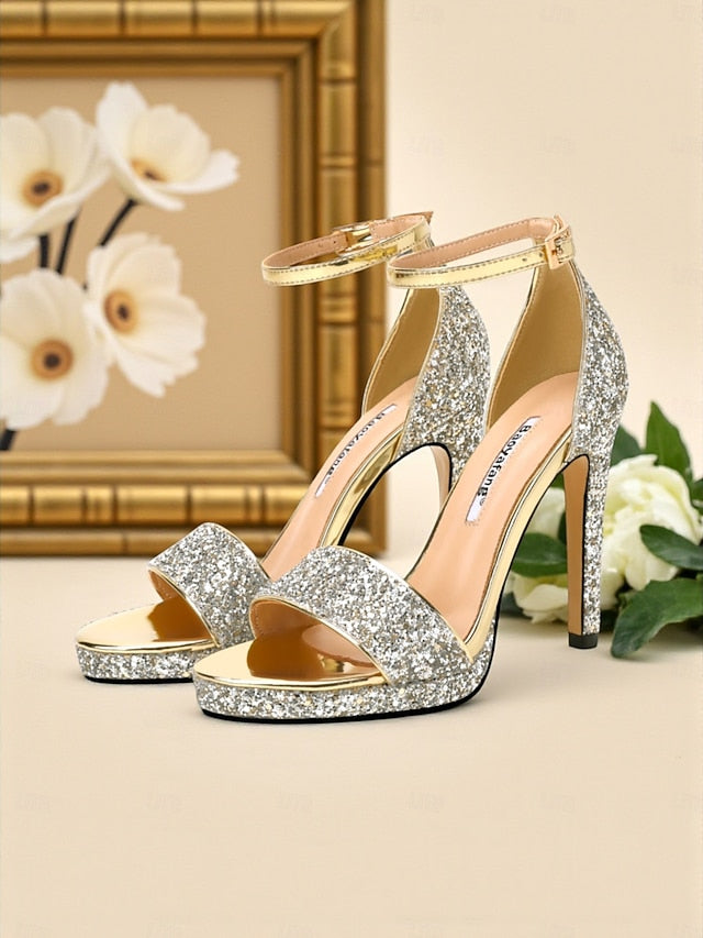 Women's Strap Sandals Ankle Silver High Heel with Glitter