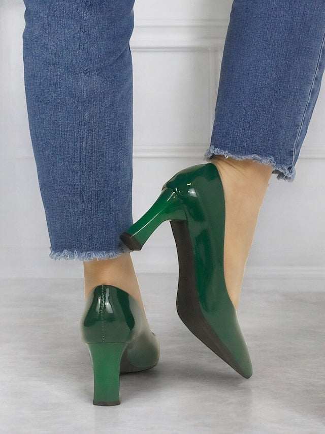 Pumps Patent Faux Pointed-Toe Heel Glossy Leather Green Block