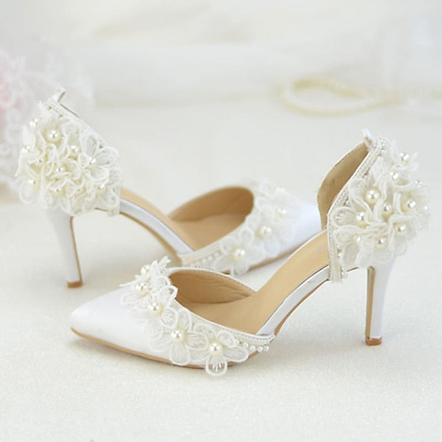 White Floral Platform Heels Wedding Lace with Women's