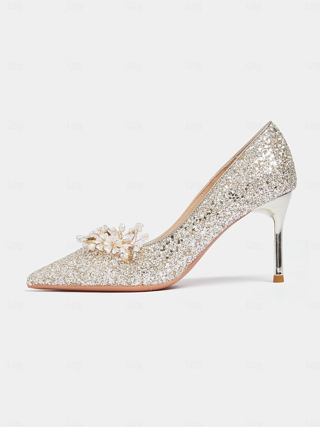 with Women's Glitter Floral Heels Silver Stiletto
