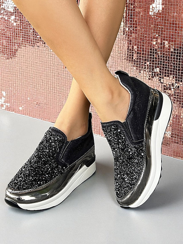 Glitter Sneakers with Slip-On Women's Black Metallic