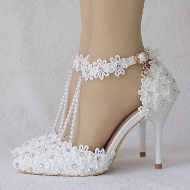 Wedding Shoes Heel Pointed High Women's Lace Bridal