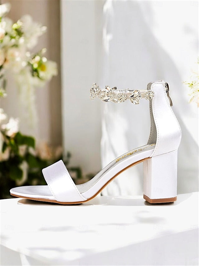 Floral Sandals Block Heel Bridal Ankle White Satin Strap with