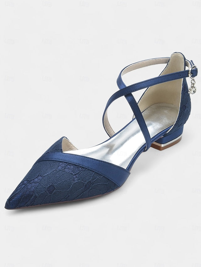 Heel Shoes Cross-Strap Overlay Navy Low with for Lace Satin Blue