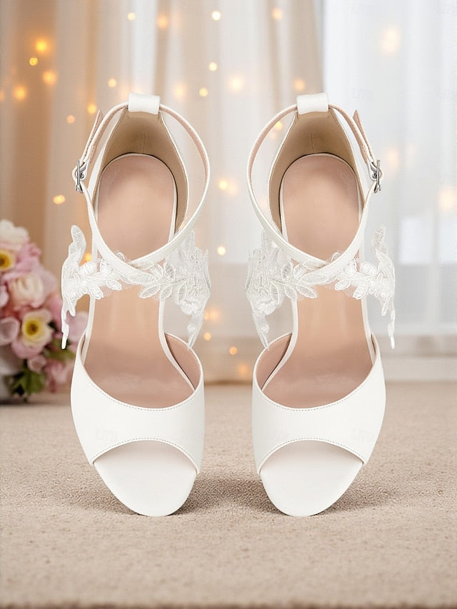 Strap White Lace Heel Ankle Women's Sandals - Block with