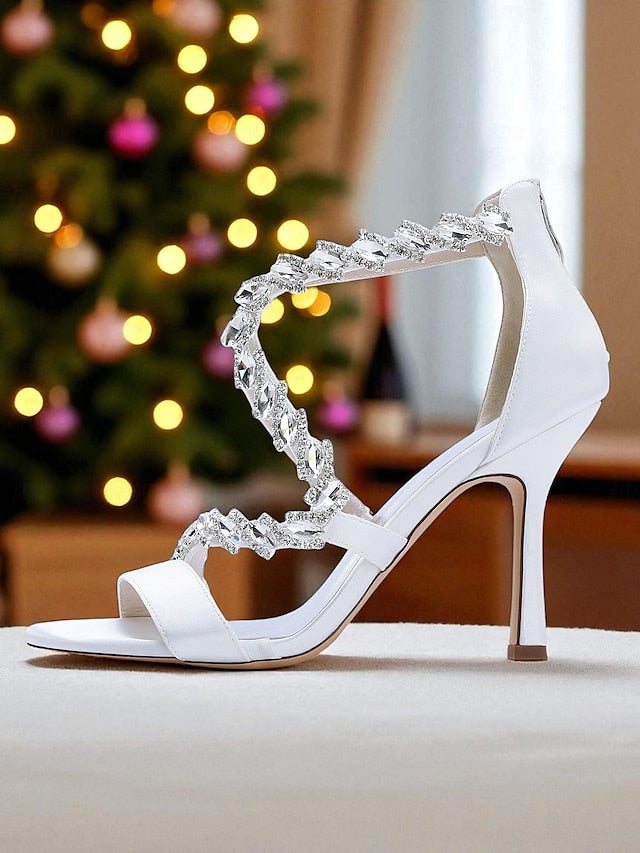 Strappy Rhinestone White Heel Sandals - High Women's