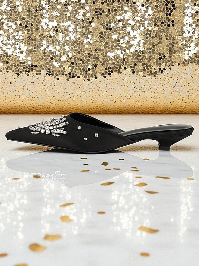 with Women's Mules Rhinestone Toe Pointed Satin Black