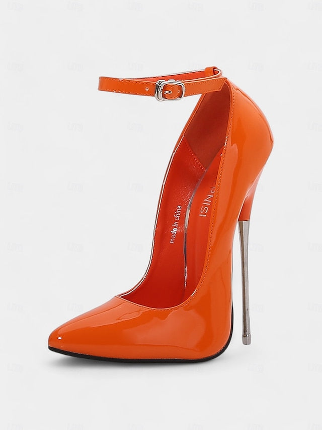 Stiletto Patent with Ankle Red Leather Strap Women's Heels