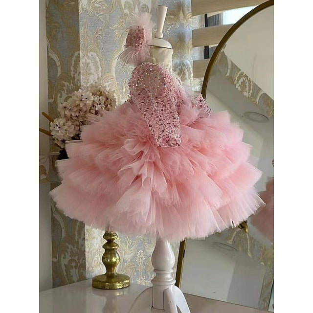 Kids Sleeve Party Dress Long Performance Sequin Girls'