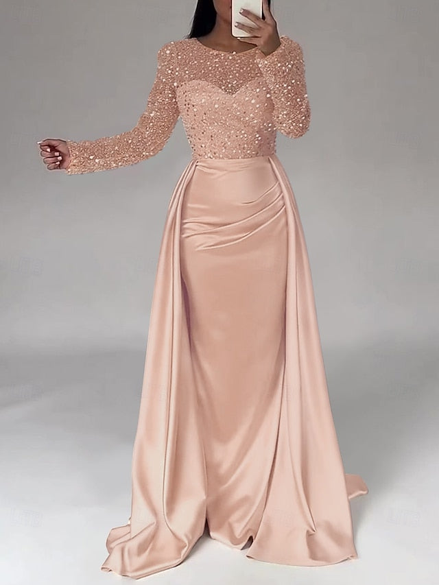 Evening Long Dress Gown Mermaid RuchedSatin Sleeves Sequin