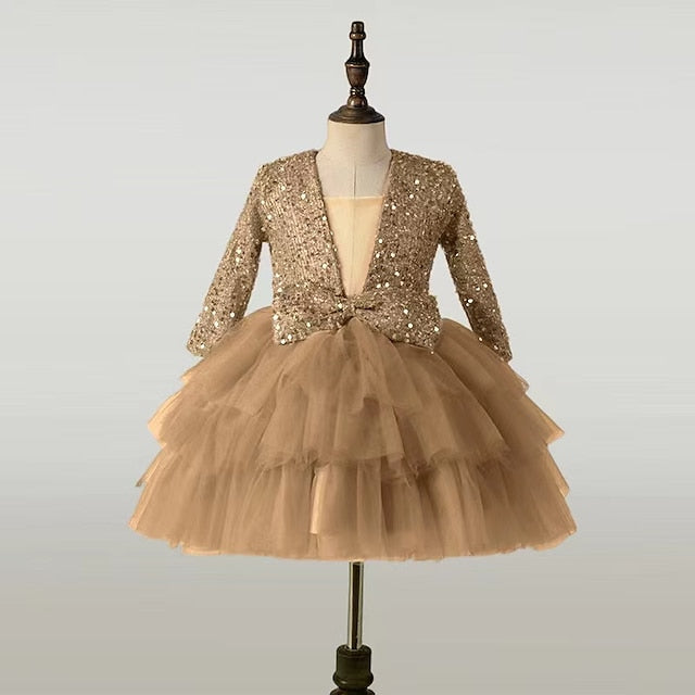 Kids Sleeve Party Dress Long Performance Sequin Girls'