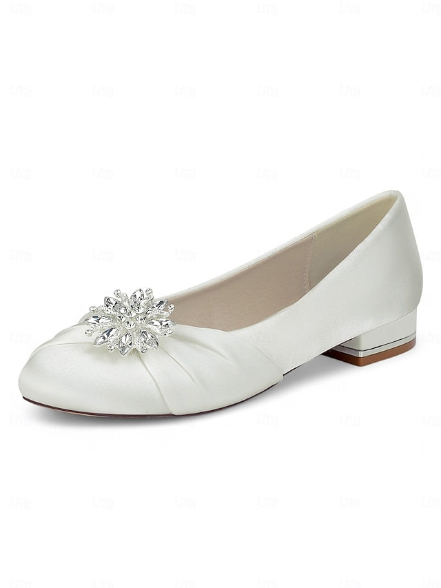 Elegant Crystal Flats White Satin – Wedding Women's