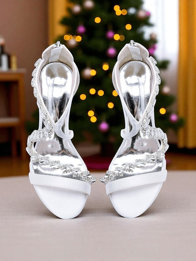 Strappy Rhinestone White Heel Sandals - High Women's