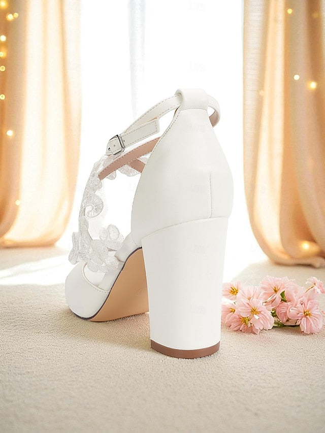 Strap White Lace Heel Ankle Women's Sandals - Block with