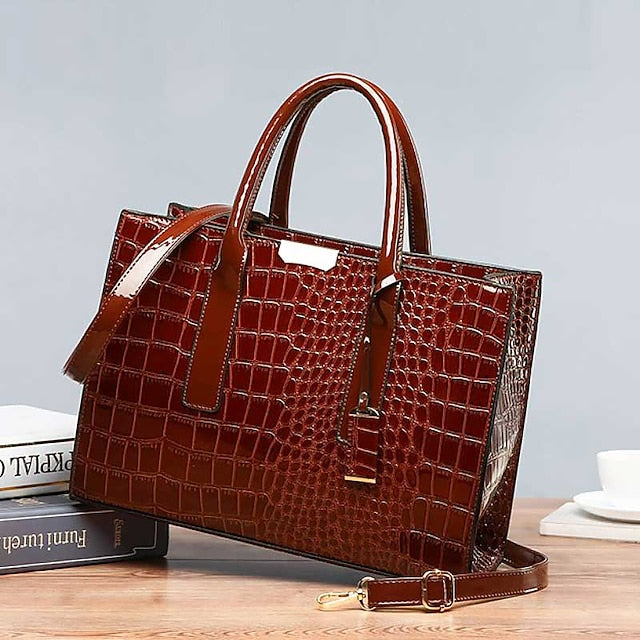 Women's Black Patent Crocodile Leather Pattern Handbag with