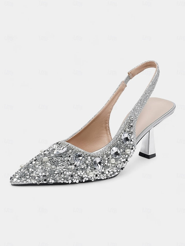 with Slingback Gold Rhinestone Heels Women's Pearl