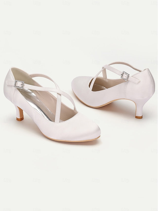 with Rhinestone White – Elegant Satin Buckle Cross-Strap Heels