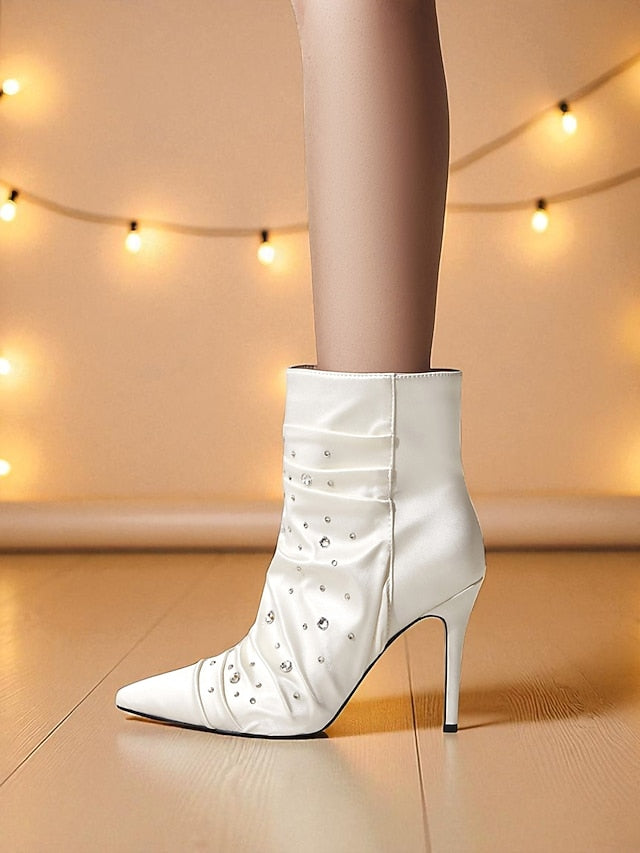 Women's Ankle White Rhinestone Satin with Boots