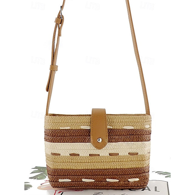 Gestreift mit Tasche Colorblock Damen Stroh gewebt braun Tote