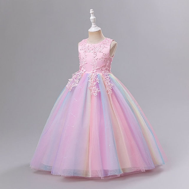 A Girls' Floral Solid Line Colored Kids Dress