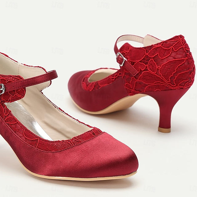 Mid-Heel Women's Comfortable - Lace Satin Heels Red Elegant