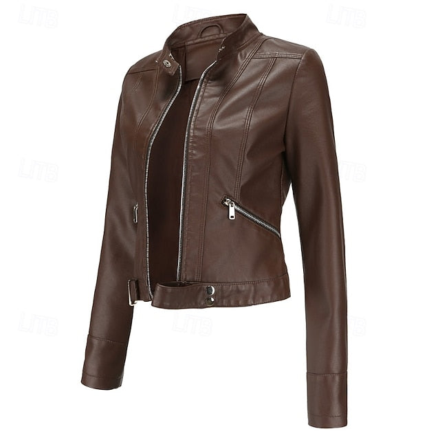Faux Comfortable Pocket Women's Leather Jacket Zipper